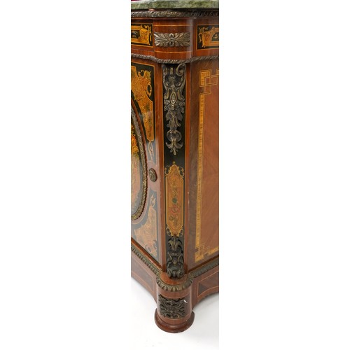 1009 - European inlaid pier cabinet with gilt metal mounts and green marble top, fitted with two drawers ab... 