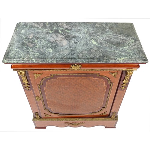 1034 - European inlaid pier cabinet with green marble top and ornate gilt metal mounts, 108cm H x 92cm W x ... 