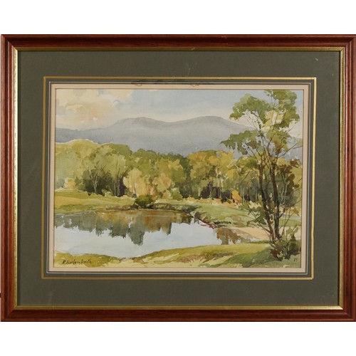 1080 - R Harley Smith - Mountainous landscape with lake before trees, watercolour, 37cm x 26.5cm, mounted, ... 