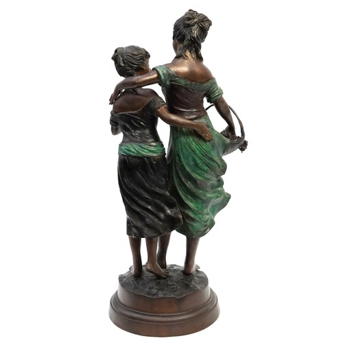 29 - After Claire Colinet, floor standing cold painted bronze figure group of two young girls holding flo... 