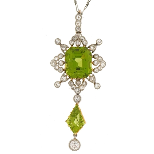 3013 - Antique unmarked gold green stone and diamond cluster drop pendant on white metal Figaro link neckla... 