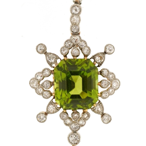 3013 - Antique unmarked gold green stone and diamond cluster drop pendant on white metal Figaro link neckla... 