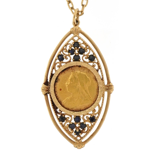 3022 - Queen Victoria 1900 gold sovereign housed in a pendant mount set with sapphires on a 9ct gold Belche... 