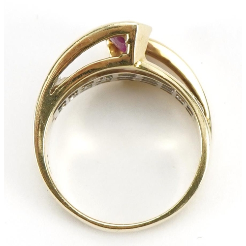 3023 - 14k gold ruby and diamond two tier ring, the ruby approximately 9.2mm x 5.0mm, size M, 6.5g