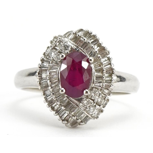 3032 - 14k white gold ruby and diamond cluster ring, the ruby approximately 6.8mm x 4.7mm, size N, 3.8g