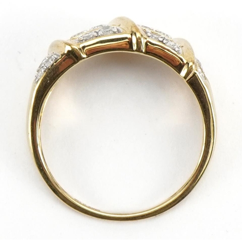 3045 - 9ct gold diamond three row ring, total diamond weight approximately 0.25 carat, size N, 2.5g