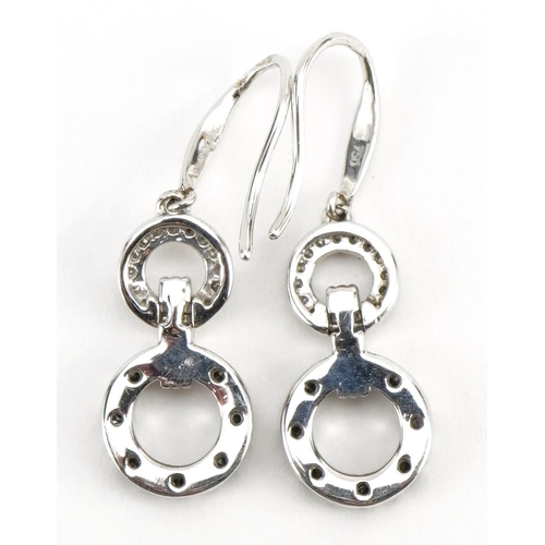 3046 - Pair of 18ct white gold sapphire and diamond hoop design drop earrings, 2.6cm high, 3.4g