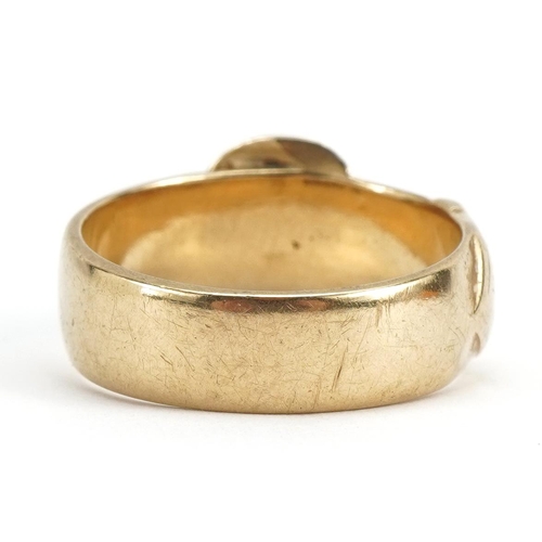 3049 - 9ct gold buckle ring with engraved decoration, size R, 6.3g