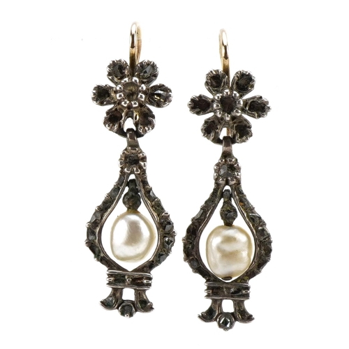 3004 - Pair of Victorian unmarked gold diamond and Baroque pearl flower head drop earrings, tests as 15ct g... 