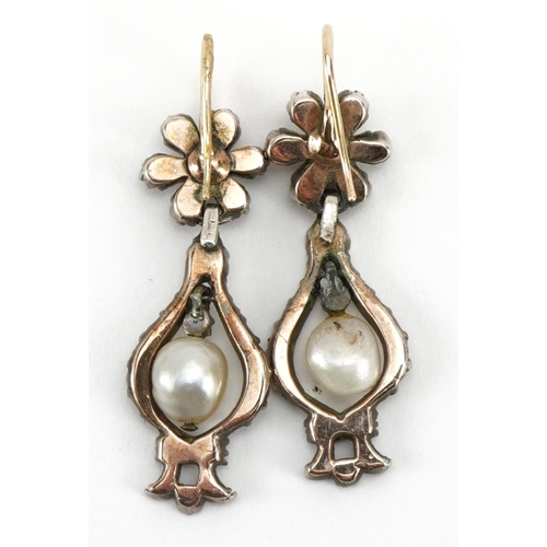 3004 - Pair of Victorian unmarked gold diamond and Baroque pearl flower head drop earrings, tests as 15ct g... 