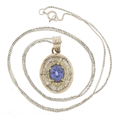 3011 - Unmarked white gold sapphire and diamond halo pendant with baguette cut diamonds on a 9ct white gold... 