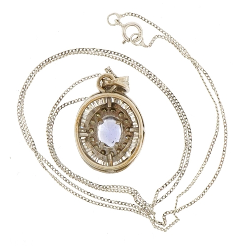 3011 - Unmarked white gold sapphire and diamond halo pendant with baguette cut diamonds on a 9ct white gold... 