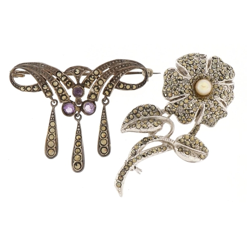 Two vintage and later marcasite brooches including an unmarked silver