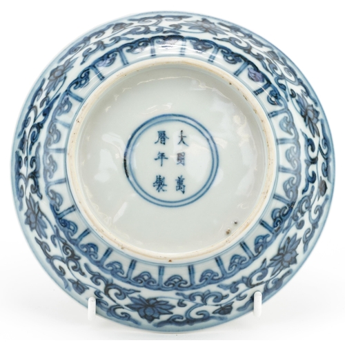 332 - Chinese blue and white porcelain dish hand painted with flowers, six figure character marks to the r... 