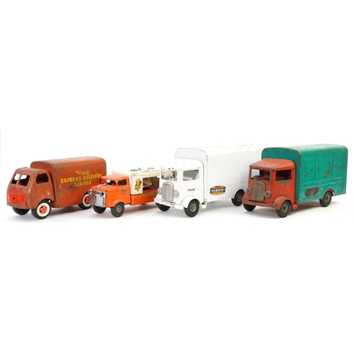 1622 - Four vintage Tri-ang tinplate vehicles including Express Delivery Service and ice cream truck, the l... 