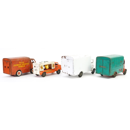 1622 - Four vintage Tri-ang tinplate vehicles including Express Delivery Service and ice cream truck, the l... 