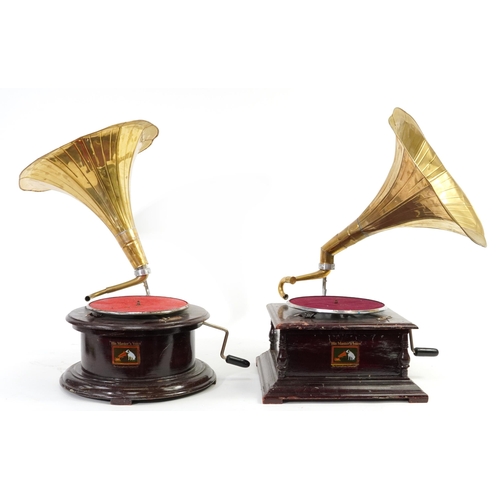 1374 - Two mahogany cased His Master's Voice gramophones with brass horns