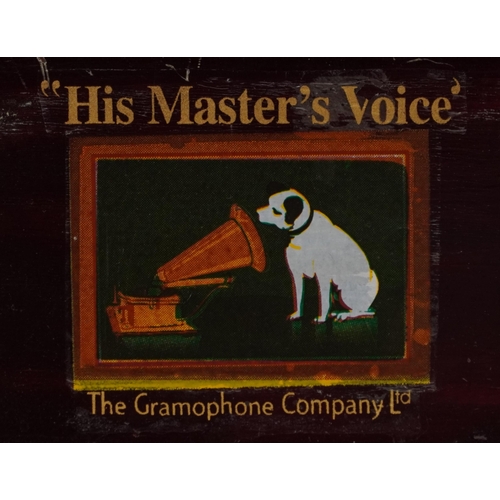 1374 - Two mahogany cased His Master's Voice gramophones with brass horns