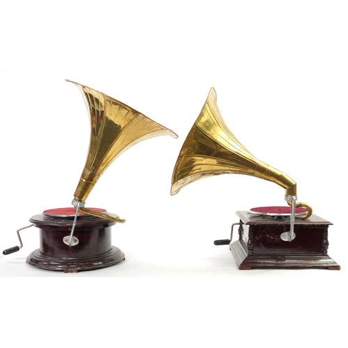 1374 - Two mahogany cased His Master's Voice gramophones with brass horns