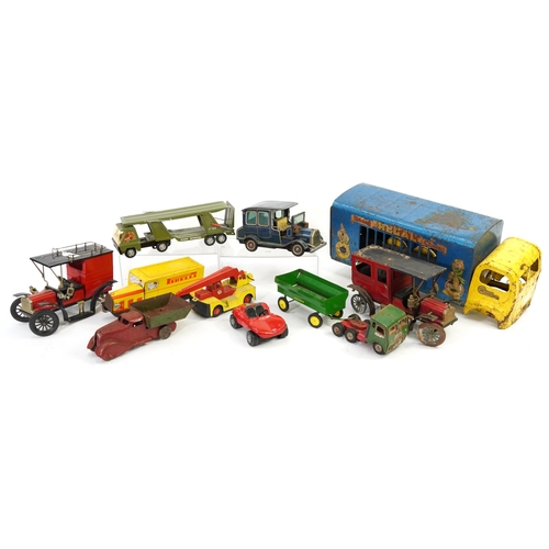 Vintage tinplate vehicles including Tri-ang, Regal Circus truck, Eli ...