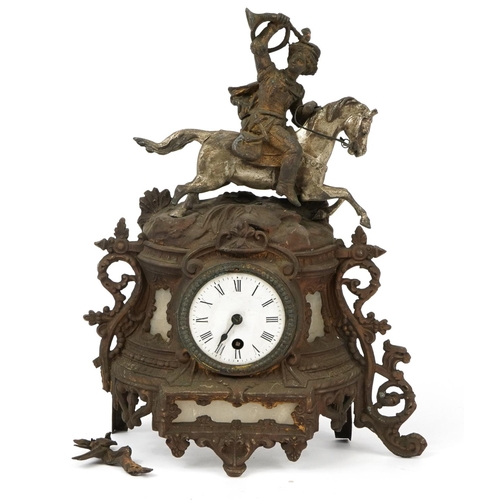 1442 - French style gilt metal mantle clock surmounted with a figure on horseback, 28cm wide