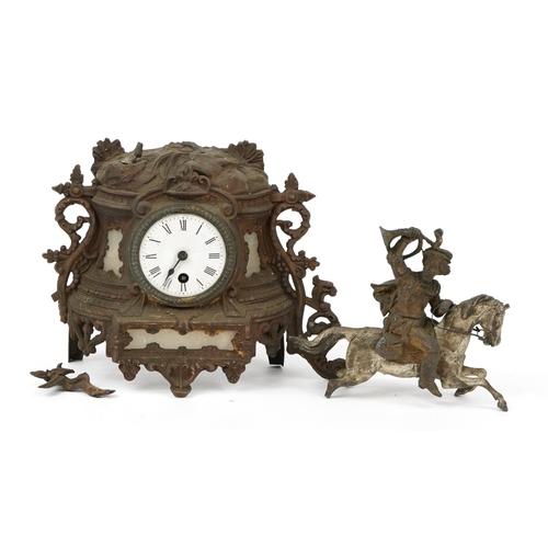 1442 - French style gilt metal mantle clock surmounted with a figure on horseback, 28cm wide