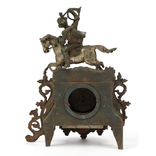 1442 - French style gilt metal mantle clock surmounted with a figure on horseback, 28cm wide