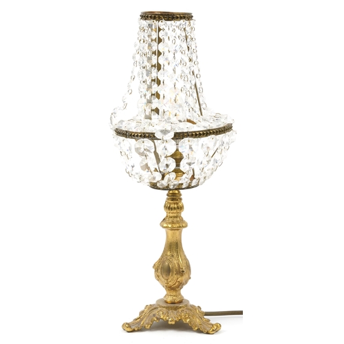 1301 - Ornate gilt metal table lamp with cut glass shade, 43cm high