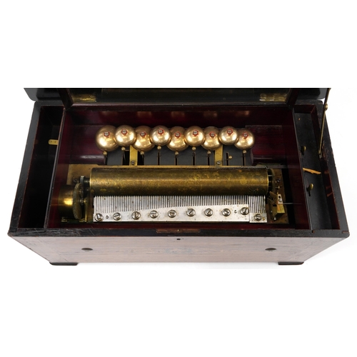 108 - 19th century French inlaid rosewood music box with nine bells playing on a thirteen inch brass cylin... 