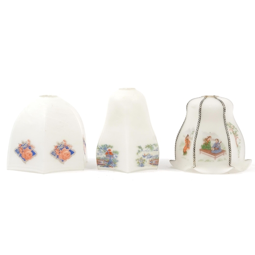 1371 - Three vintage glass lightshades decorated in the Chinoiserie manner with landscapes, figures and flo... 