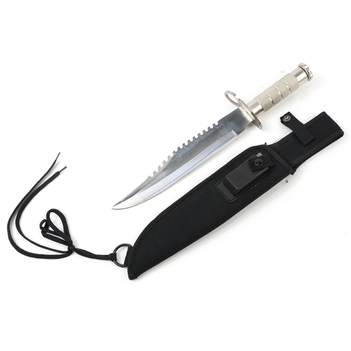 870 - Maxam Bowie style knife with sheath, sharpening block and compass to the handle, 37cm in length