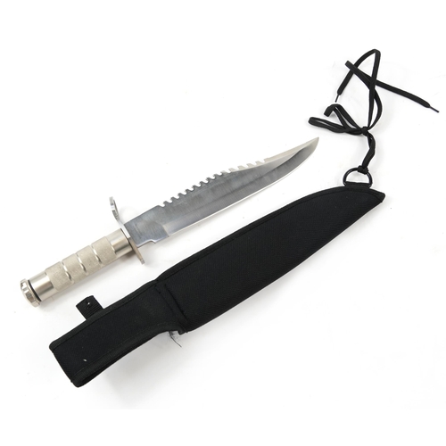 870 - Maxam Bowie style knife with sheath, sharpening block and compass to the handle, 37cm in length