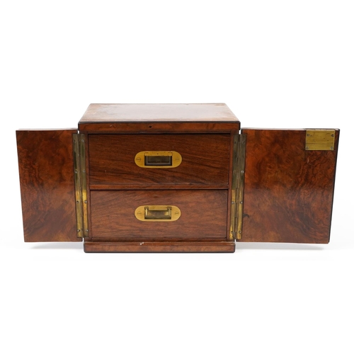 104 - Victorian burr walnut campaign style cigar chest with opening front enclosing two drawers with inset... 