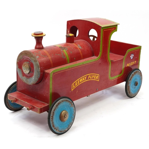 1694 - Vintage Tri-ang wooden Leeway Flyer child's ride-on pedal locomotive, 108cm in length