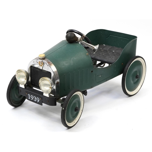 1623 - Vintage green painted metal child's ride-on pedal car, 75cm in length