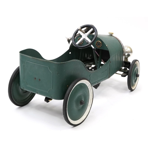 1623 - Vintage green painted metal child's ride-on pedal car, 75cm in length