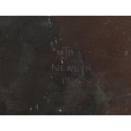 309 - Arts & Crafts copper charger with embossed stylised room incised M J B Newlyn 1906 to the reverse, 3... 