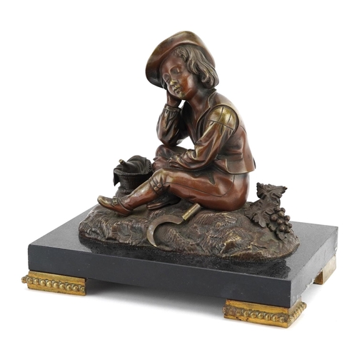 342 - 19th century patinated bronze study of a young farmer raised on a rectangular black slate base with ... 