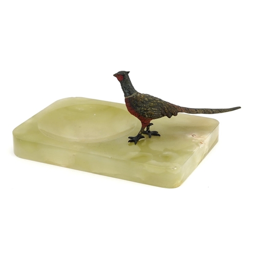 298 - Green onyx dish surmounted with a cold painted bronze pheasant in the manner of Franz Xaver Bergmann... 