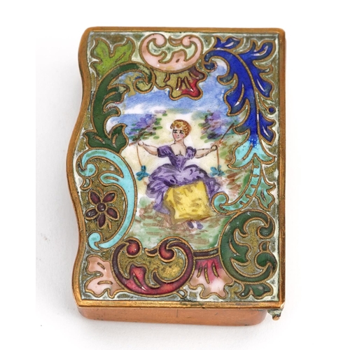 121 - 19th century brass vesta case with hinged lid enamelled with a female on a swing, 5cm wide