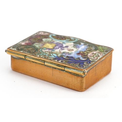 121 - 19th century brass vesta case with hinged lid enamelled with a female on a swing, 5cm wide