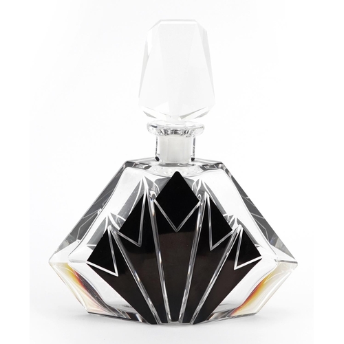 30 - Large Art Deco black flashed cut glass scent bottle having an etched geometric design, 21cm high