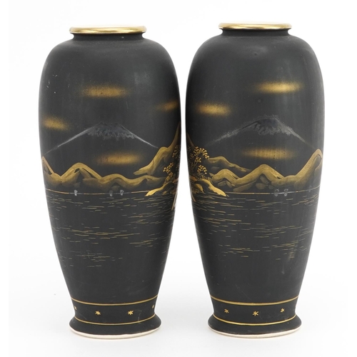 265A - Pair of Japanese Satsuma pottery vases hand painted and gilded with Mount Fuji, character marks to t... 