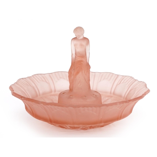 1434 - Walther & Sohne, German Art Deco frosted peach glass figural centre bowl with nude maiden, 26cm in d... 