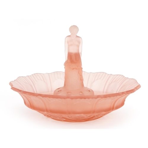 1434 - Walther & Sohne, German Art Deco frosted peach glass figural centre bowl with nude maiden, 26cm in d... 