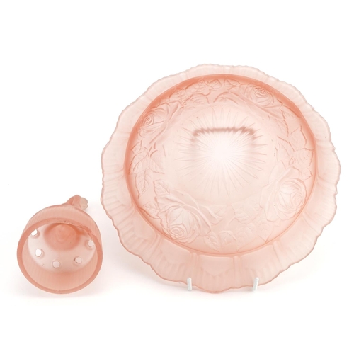 1434 - Walther & Sohne, German Art Deco frosted peach glass figural centre bowl with nude maiden, 26cm in d... 