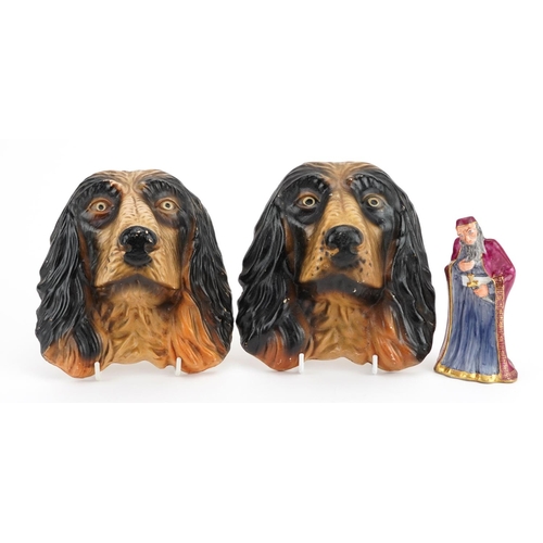 1302 - Pair of Spaniel design pottery wall plaques and a Crown Staffordshire figure, the largest each 15cm ... 