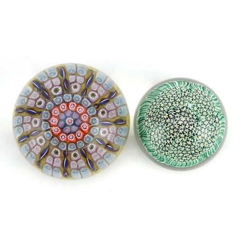 1357 - Two millefiori glass paperweights, the largest 6.5cm in diameter