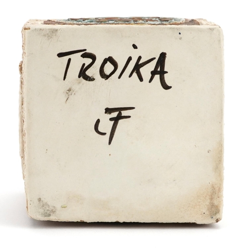 88 - Jane Fitzgerald for Troika, St Ives pottery cube vase hand painted and incised with an abstract desi... 