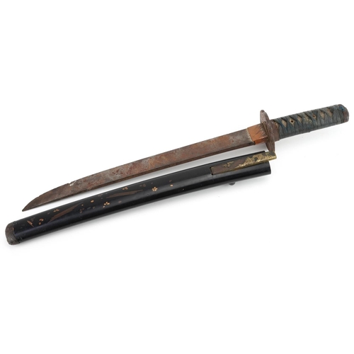 269 - Good Japanese Wakizashi with bound shagreen grip, mixed metal mounts, floral engraved tsuba, lacquer... 